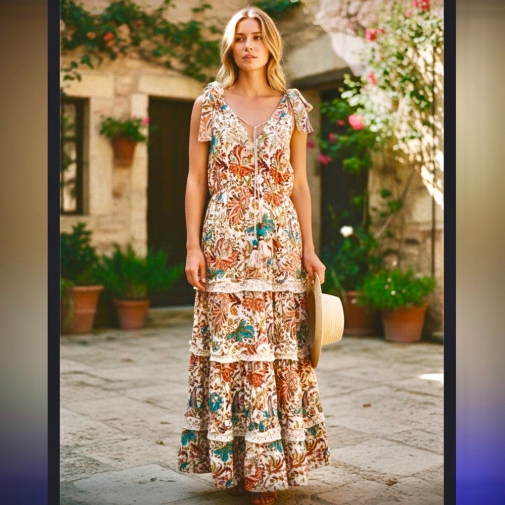 Barok Floral Maxi Dress boho Multicolor tiers Design Lacey with elastic waist XL